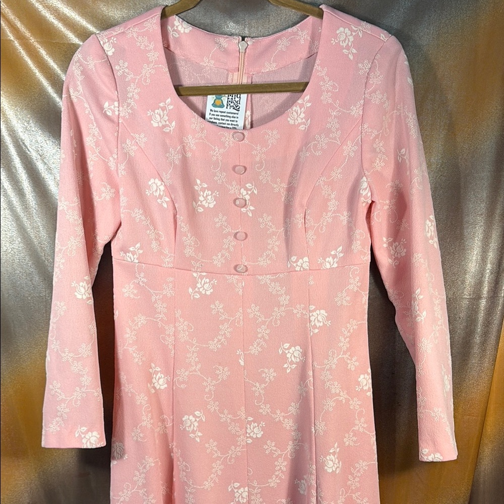 Vintage 70’s 33” chest Pink Floral Long polyester Sleeve‎ maxi Dress bag b62